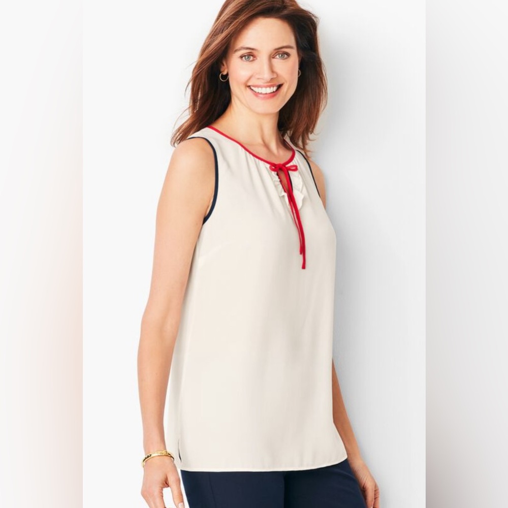 Talbots Sz M Top- Ivory Ruffle Ribbon Front Sleeveless Chiffon Blouse